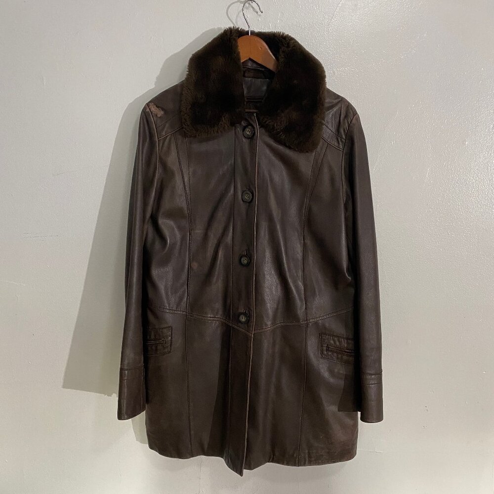Vintage Lined brown leather coat with fake fur collar- Danier $60